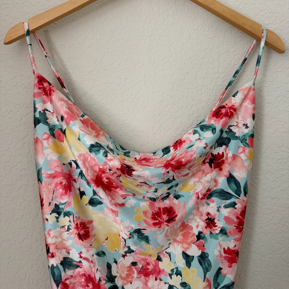Iris Floral Cowl Neck Bodycon Mini Dress Size Small Pastel Pink Blue - Picture 5 of 10